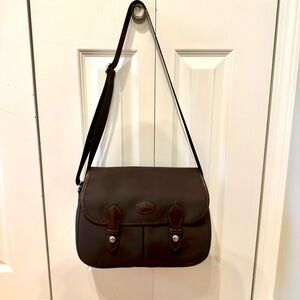 Longchamp Dark Brown nylon messenger bag with leather trim.